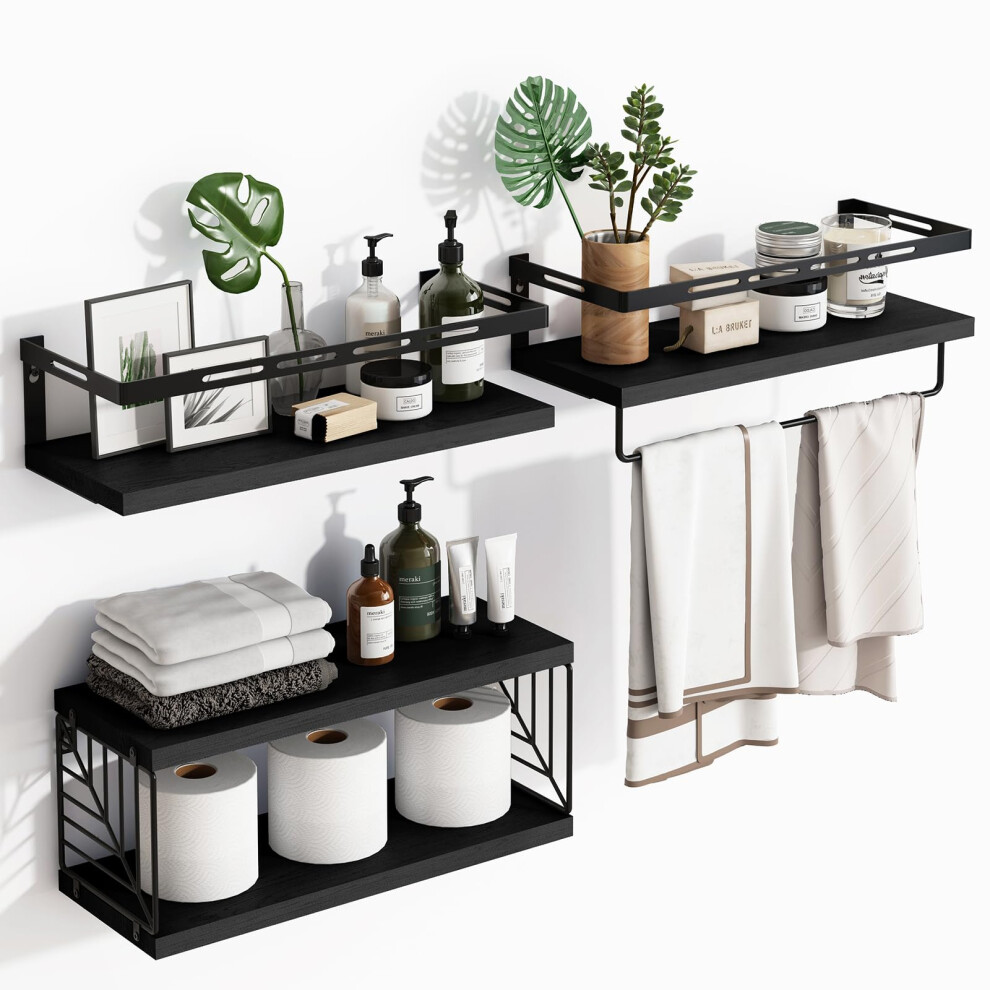 3+1 Tier Wall Mounted Bathroom Shelves Over Toilet, Rustic Wood Floating Shelves with Metal Frame (Black)-image-OPC-PHYZH95-NEW