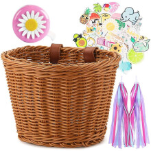 Gigbuff Cam Bike Basket For Kids Front Bike Accessories Woven Wicker Bicycle Basket With Handlebar Streamers Brown