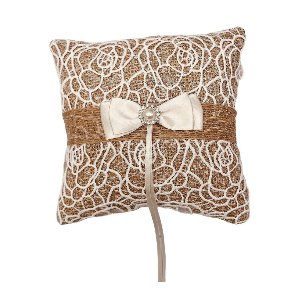 (No. 2, One size) Elegant Lace Burlap Rings Pillow Handmade Rings Bearer Cushion for Wedding Ceremony Romance Keepsakes for Bride and Groom