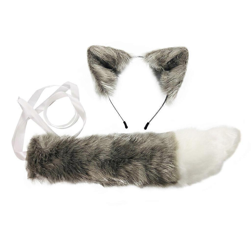 (, One Size) Beast Ear Hairhoop And Long Tail Set For Women Party Wear Anime Headband With Animal Tail Cosplay Costume Accessories Gray
