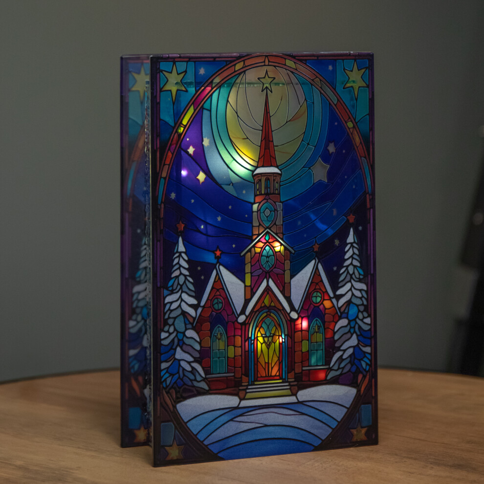 Premier 21Cm Battery Operated Light Up Stained Glass Christmas Decoration With Church Scene & Warm White Leds