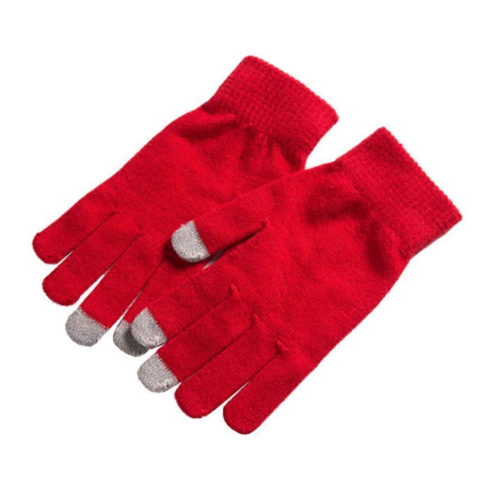 (As Show, One Size) Winter Warm Touchscreen Gloves For Women Crochet Knit Faux Wool Elastic Ribbed Cuffs Outdoor Cycling Full Finger Mittens Red