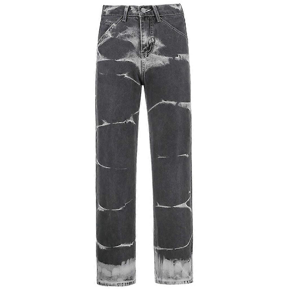 (S, Gray) Women High Waist Straight Leg Jeans Vintage Contrast Color Tie-Dye Printed Denim Pants Harajuku Hip Hop Baggy Loose Fit Trousers Streetwear with