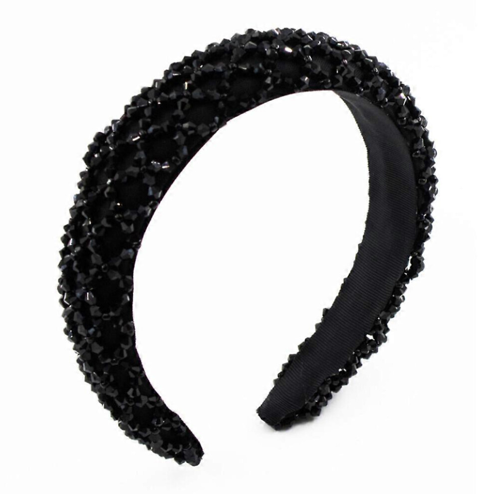 (As Show, One Size) Women Sponge Padded Headband Rhombus Faux Crystal Beads Jewelry Wide Hair Hoop Black