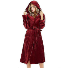 (S, Wine Red) Women Dressing Gown Hooded Fleece Lined Fluffy Bathrobe