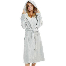 (2XL, Light Grey) Women Dressing Gown Hooded Fleece Lined Fluffy Bathrobe