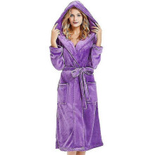 (L, Purple) Women Dressing Gown Hooded Fleece Lined Fluffy Bathrobe