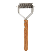 Double Sided Pet Deshedding Rake, Stainless Steel Blades, Wooden Handle, Eliminates Knots and Mats, Promotes Skin, for Dogs and Cats