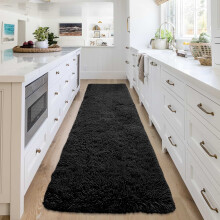 (Medium Runner (60x220cm), Black Shaggy Rug) Non Slip Shaggy Rugs & Printed Runner Soft Fluffy Carpets for Bedroom, Kitchen & Hallway