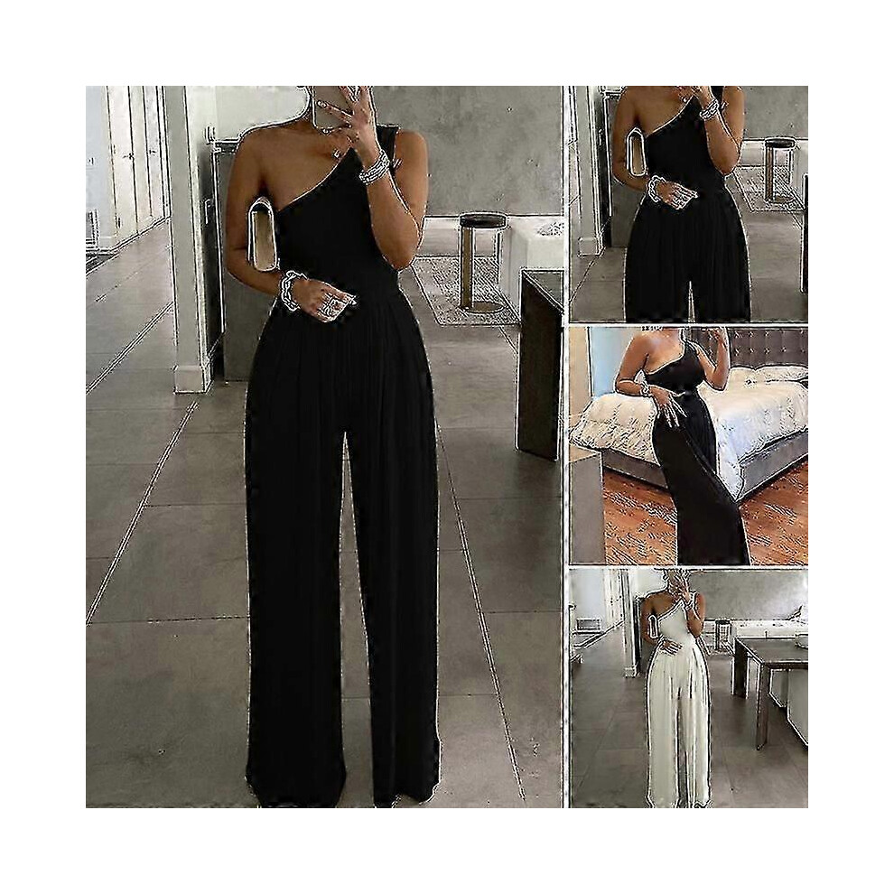 (Black, S) One Shoulder Ruched Wide Leg Jumpsuit Women Casual Summer Asymmetric Casual Solid Color Jumpsuit