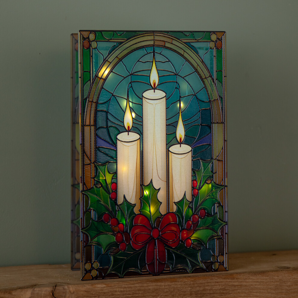 Premier 21Cm Battery Operated Light Up Stained Glass Christmas Decoration With Candles & Holly With Warm White Leds