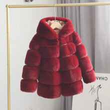 (Wine Red, 110cm?3-4years) NEW Kids Faux Fur Baby Thick Parka Girls Warm Hooded Coat Jacket Coat Outerwear