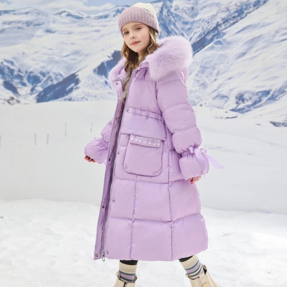 (A368-Purple, 140 CM / 7-8 Years) Kids Girls Winter Coat Hooded Faux Fur Parka School Jacket Outwear Padded Jacket