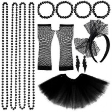 (Black) Women 80s Fancy Dress Accessories Retro Party Costume Set Adult Tutu Skirt Neon Fishnet Gloves Beaded Necklace Bracelet Earrings
