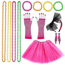 (Rose Red) Women 80s Fancy Dress Accessories Retro Party Costume Set Adult Tutu Skirt Neon Fishnet Gloves Beaded Necklace Bracelet Earrings