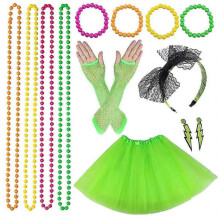 (Green) Women 80s Fancy Dress Accessories Retro Party Costume Set Adult Tutu Skirt Neon Fishnet Gloves Beaded Necklace Bracelet Earrings