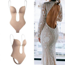 (S) Women Backless Shapewear Plunge V-neck Bodysuit Body Shaper For Low Back Dress