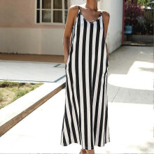(M) Women Summer Beach Striped Dress Sleeveless Sling Ladies Dress For Party Holiday