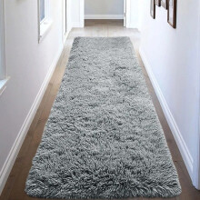 (Large Runner (80x300cm), Grey Shaggy Rug) Non Slip Shaggy Rugs & Printed Runner Soft Fluffy Carpets for Bedroom, Kitchen & Hallway