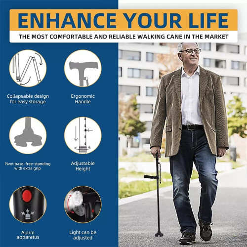 Elder Folding Walking Stick  Height Adjustable LED Light 1