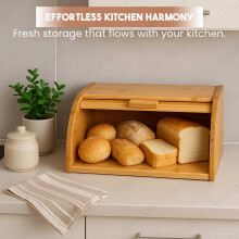 Roll Top Wooden Bread Box Bamboo Kitchen Loaf Storage Bin for Countertop Large