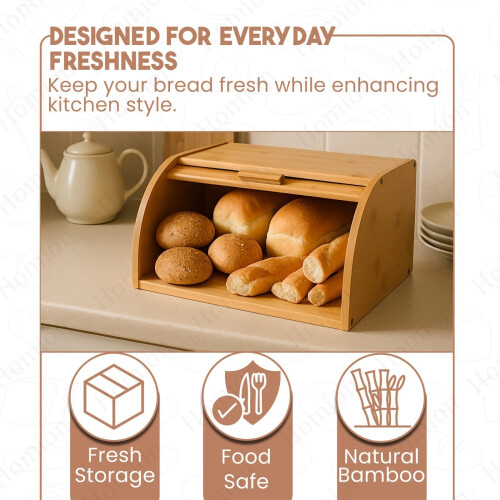 Roll Top Wooden Bread Box Bamboo Kitchen Loaf Storage Bin for Countertop Large 2