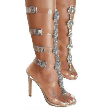 (5) Sexy Gladiator Knee High Transparent Buckle Sandals Fashion Crystal Flower High Heel Women Shoes