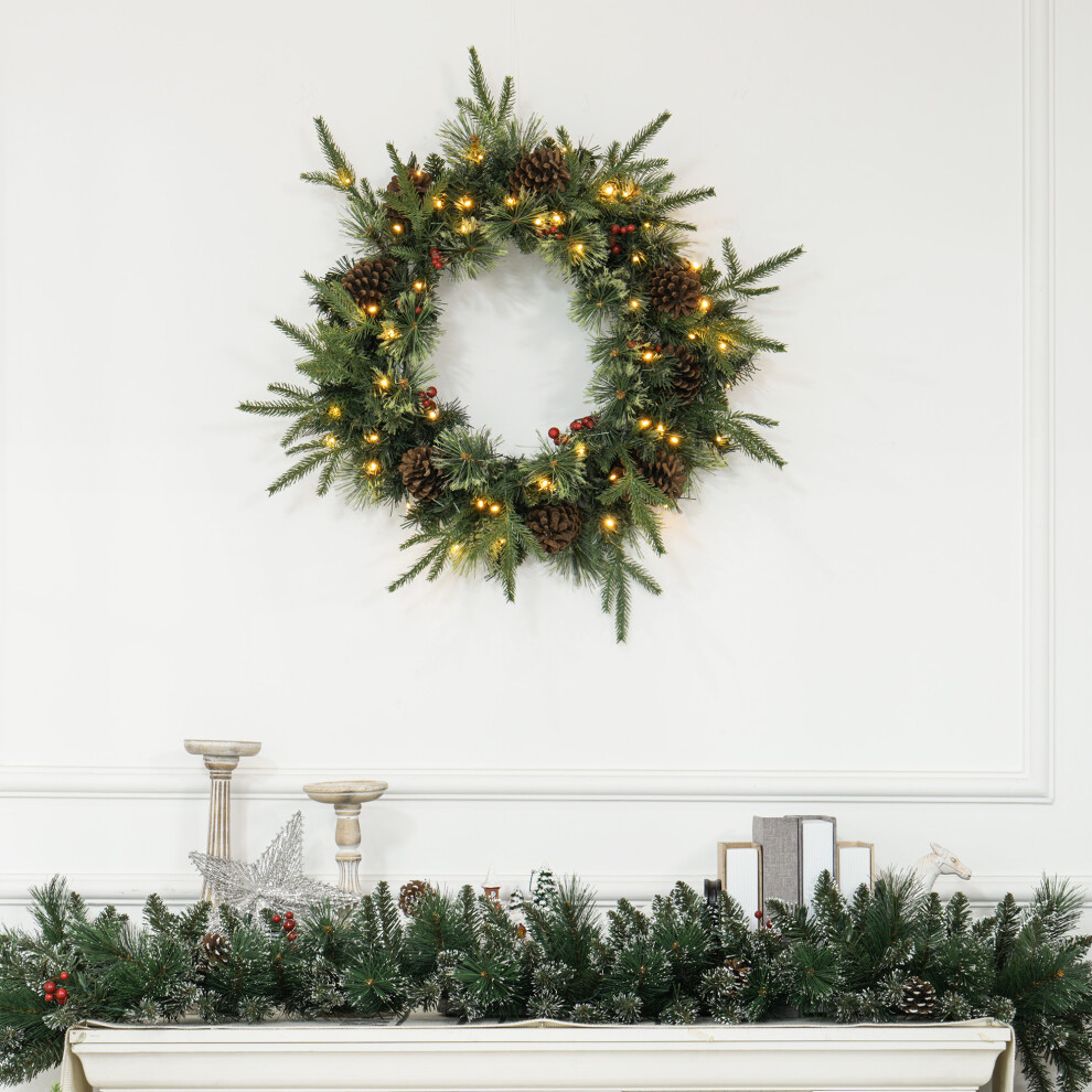 HOMCOM 60cm Pre-Lit Christmas Wreath for Front Door with LED Lights Green | Pine Cones, Red Berries, Winter Wreath for Windows, Wall Decoration - Image 3