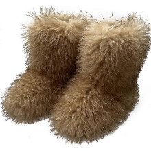(SIZE 41, COLOR 9) Faux Fur Boots for Women Fuzzy Fluffy Furry Round Toe Suede Winter Boots Flat Shoes