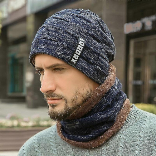 (BLUE) Men Hat And Scarf Set Winter Warm Men's Hat Scarf  Set