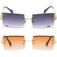 (Tea gradient Grey) Rimless Rectangle Sunglasses Compatible With Women/men Ultralight Metal Frame