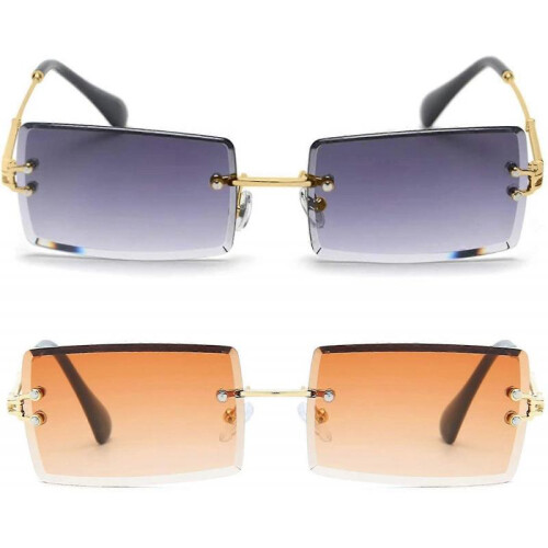 (Tea gradient Grey) Rimless Rectangle Sunglasses Compatible With Women/men Ultralight Metal Frame