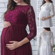 (s, Wine Red with Sleeve) Maternity Photography Props Women Pregnancy Clothes, Lace Dress For Pregnant