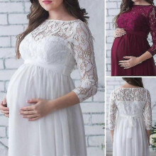 (l, White with Sleeve) Maternity Photography Props Women Pregnancy Clothes, Lace Dress For Pregnant