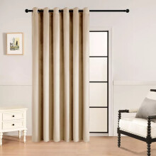 (Beige Velvet) Ringtop Eyelet Curtains Blackout Pencil Pleat & Crushed Velvet Door Curtain with Tieback