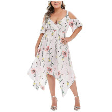 (XXL, White) Women's Plus Size Cold Shoulder Tropical Floral Slit Summer Maxi Dress