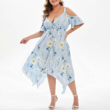 (XL, Light Blue) Women's Plus Size Cold Shoulder Tropical Floral Slit Summer Maxi Dress