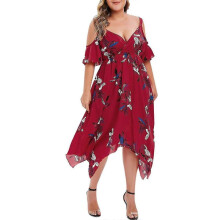 (3XL, Red) Women's Plus Size Cold Shoulder Tropical Floral Slit Summer Maxi Dress