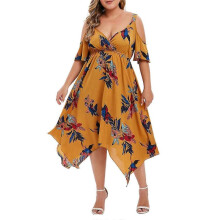 (5XL, Yellow) Women's Plus Size Cold Shoulder Tropical Floral Slit Summer Maxi Dress