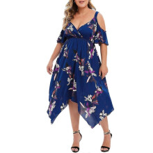 (4XL, Blue) Women's Plus Size Cold Shoulder Tropical Floral Slit Summer Maxi Dress