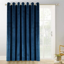 (Navy Velvet) Ringtop Eyelet Curtains Blackout Pencil Pleat & Crushed Velvet Door Curtain with Tieback
