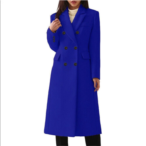 (Blue, S) Ladies Double Breasted Woolen Jacket, Plain Trench Coat, Winter Overcoat