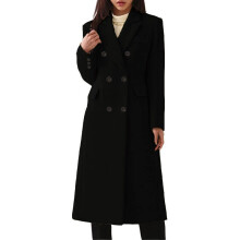 (Black, S) Ladies Double Breasted Woolen Jacket, Plain Trench Coat, Winter Overcoat