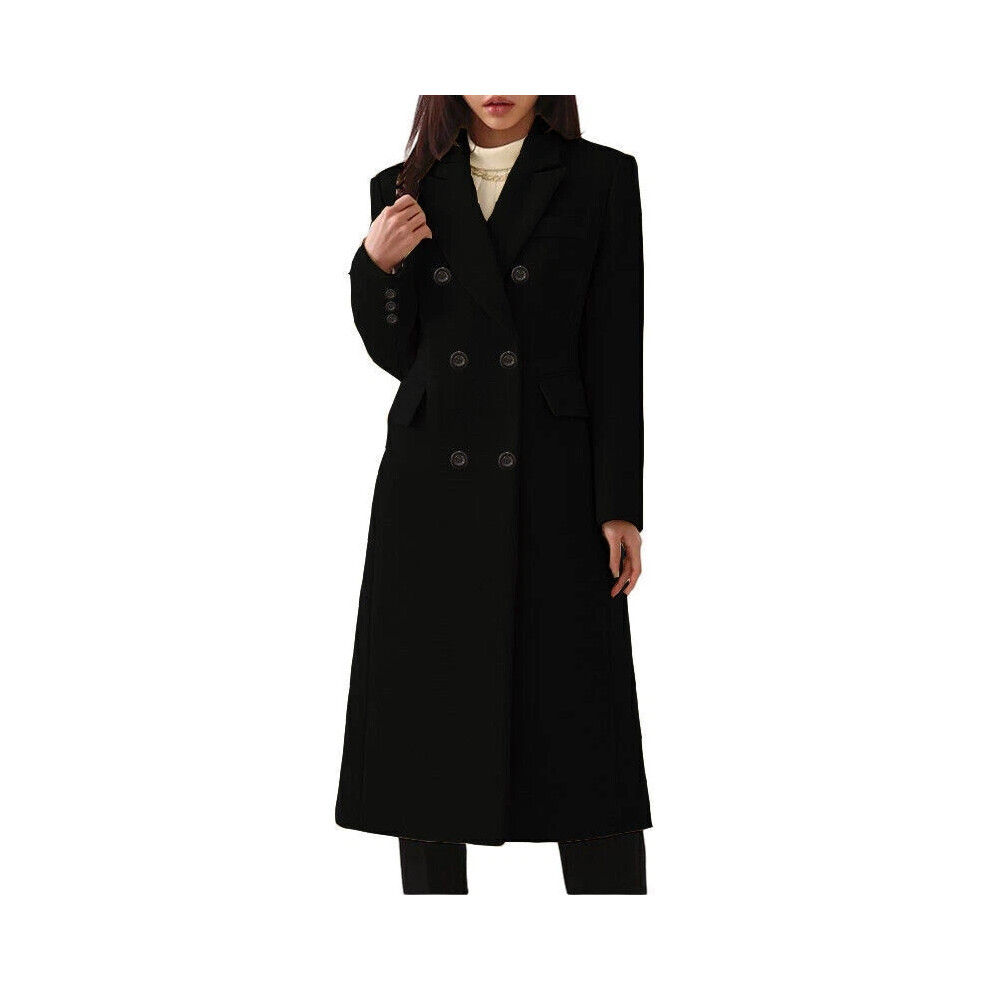 (Black, S) Ladies Double Breasted Woolen Jacket, Plain Trench Coat, Winter Overcoat