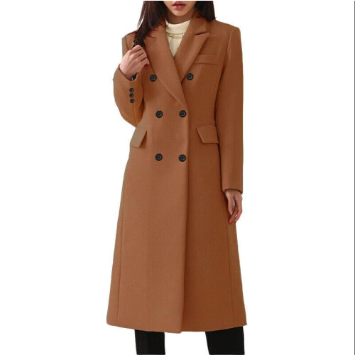 (Camel, M) Ladies Double Breasted Woolen Jacket, Plain Trench Coat, Winter Overcoat