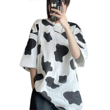 (M, White) Women Half Sleeve O-neck T Shirt Harajuku Cow Print Oversized Loose Pullover Top