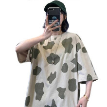 (M, Khaki) Women Half Sleeve O-neck T Shirt Harajuku Cow Print Oversized Loose Pullover Top