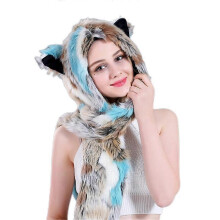 (COLOR 1) 3-in-1 Animal Hat Faux Fur Hood Scarf Full Pockets Ear Flat Cap Hoodie Furry Gloves Party Costume