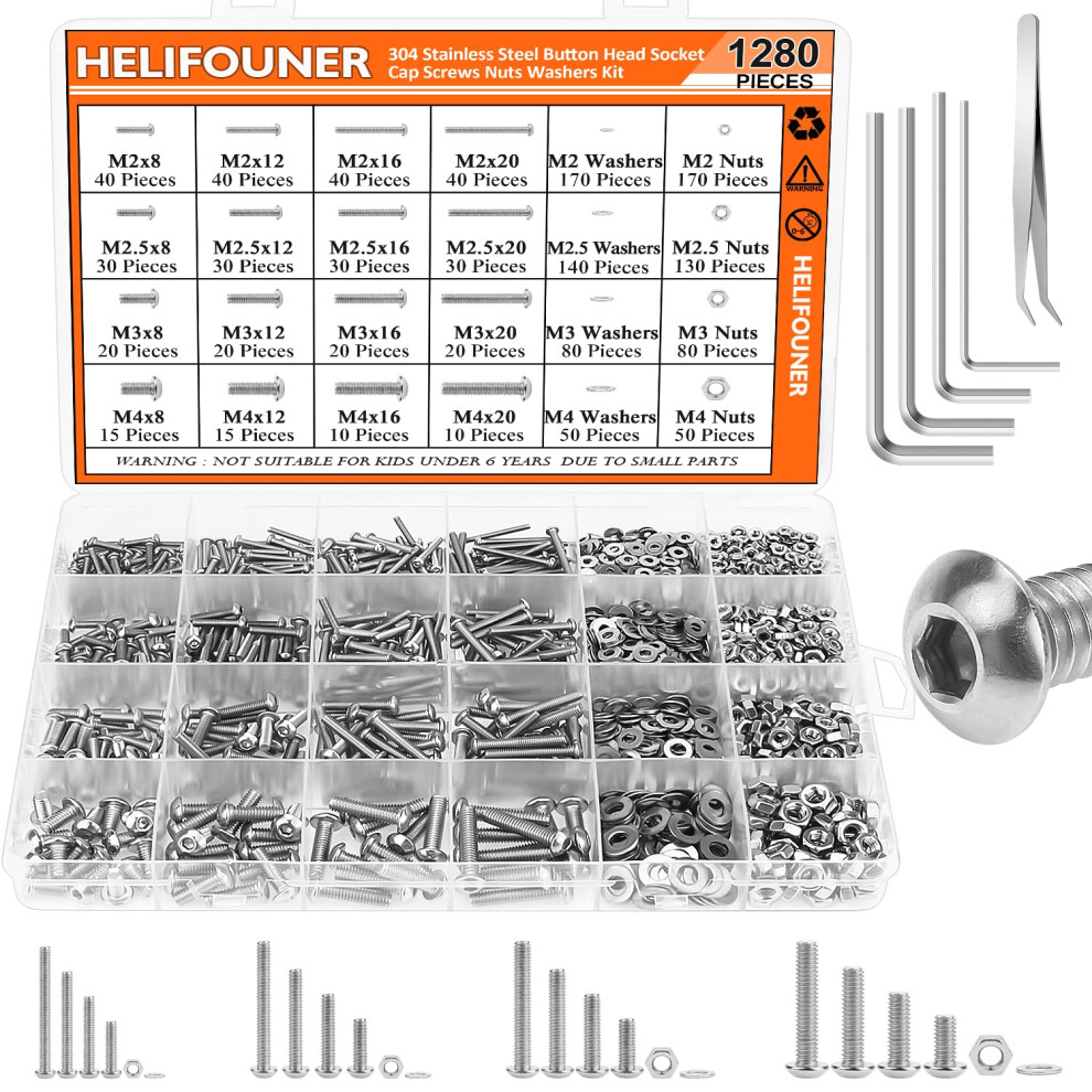 1280 Pieces M2 M2.5 M3 M4 304 Stainless Steel Button Head Socket Cap Metric Screws Bolts Washers Nuts Hardware Assortment Kit with Hex Wrenches-image-OPC-PHZ5PRJ-NEW