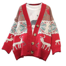 (Red) Women Autumn Long Sleeve Sweater Cardigan Christmas Reindeer Snowflake Jacquard Knitwear Coat Colorblock Button Down Oversized Loose Jacket